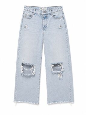ZARA Pale Blue Distressed Wide-Leg Jeans